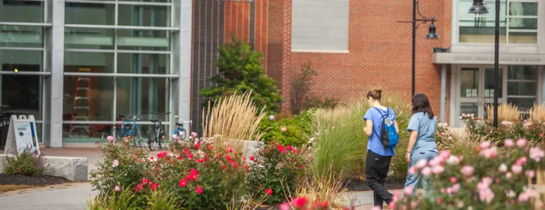 Two students walking towards a large brick building surrounded by a garden